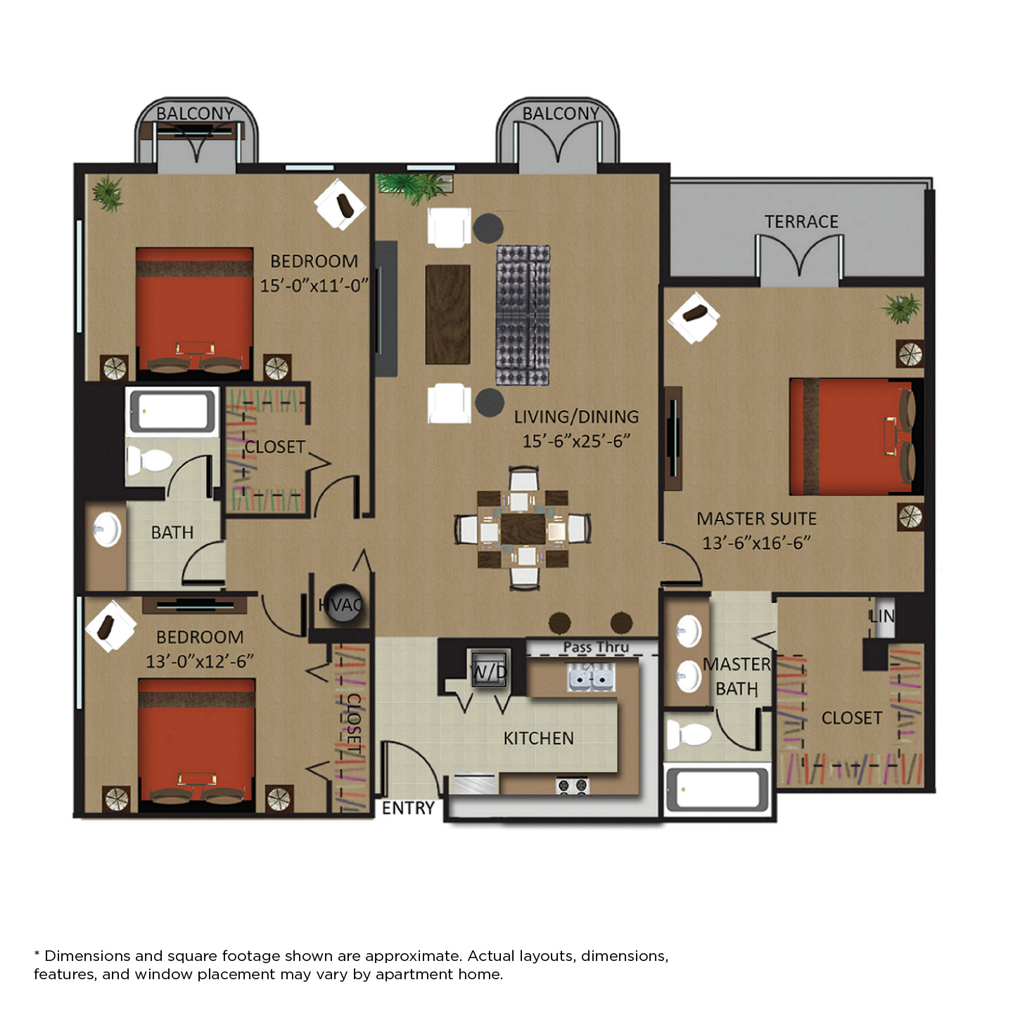 Floor plan for 3 beds, 2 baths, 1455 sqft